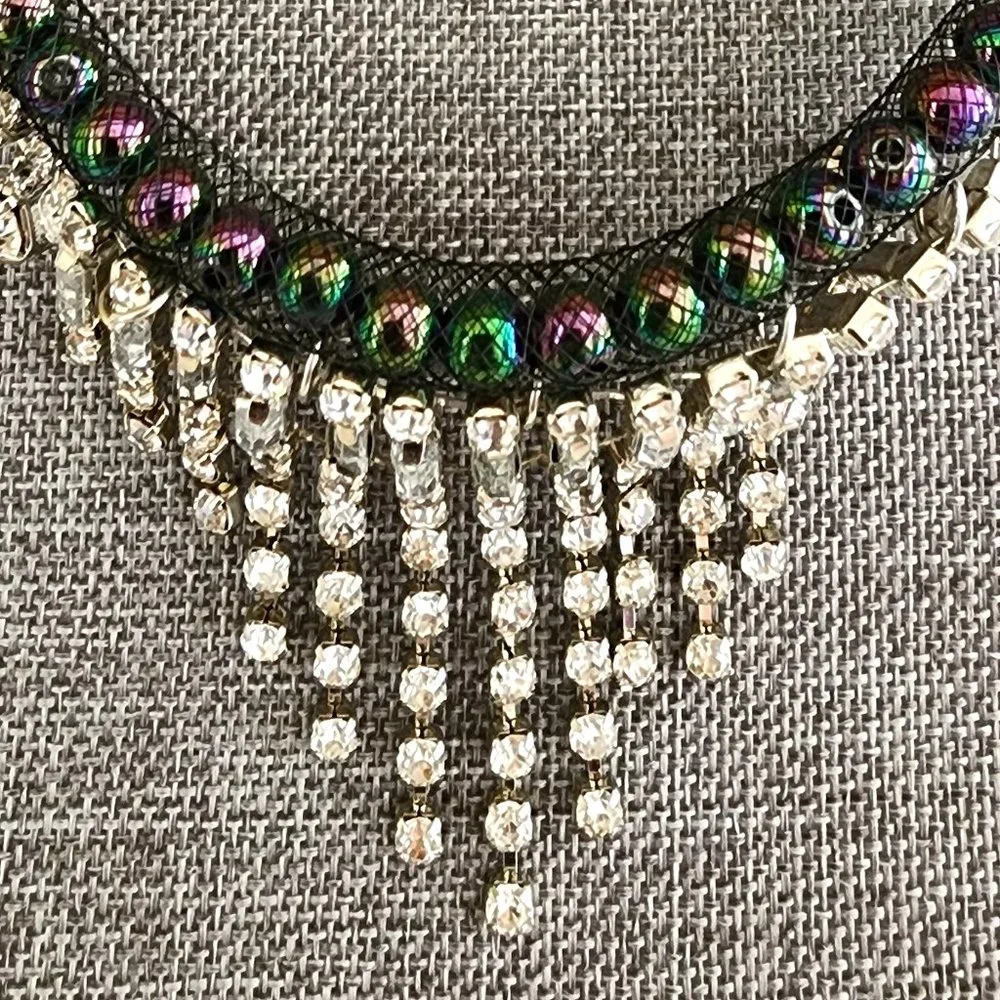 Rhinestone Cascade Fringe Black Iridescent Peacock Green Purple Bead Necklace